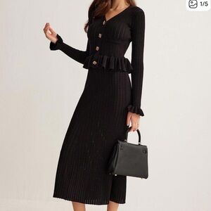 COMMENSE brand new with tags, black knit, ribbed, dress, ruffle, gold buttons